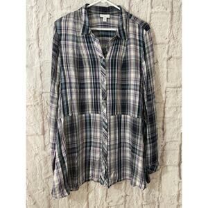 J Jill Shirt Womens Extra Large Blue Black Plaid Button Down Long Tunic Cotton